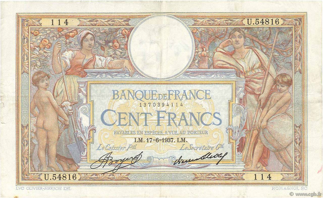 100 Francs LUC OLIVIER MERSON grands cartouches FRANCIA  1937 F.24.16 q.BB