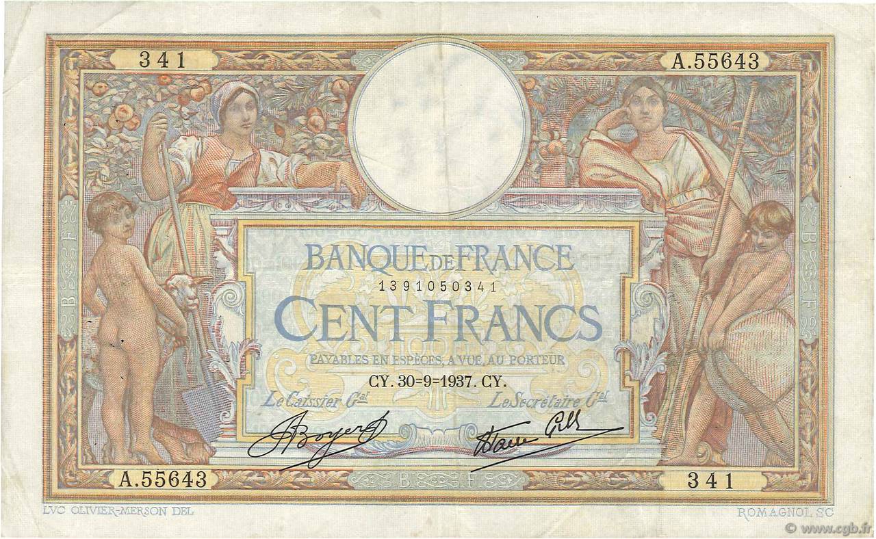100 Francs LUC OLIVIER MERSON type modifié FRANCIA  1937 F.25.02 q.BB