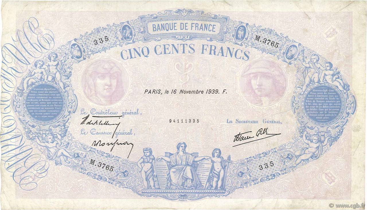 500 Francs BLEU ET ROSE modifié FRANCIA  1939 F.31.48 BC