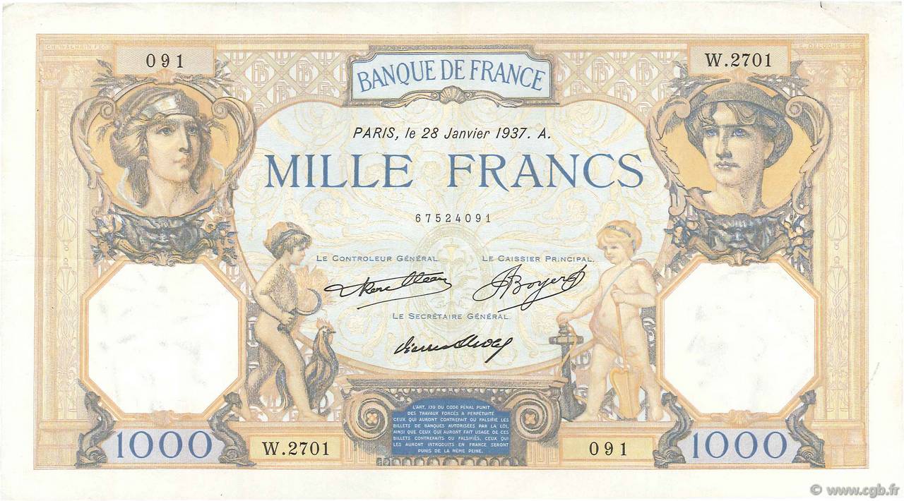 1000 Francs CÉRÈS ET MERCURE FRANKREICH  1937 F.37.10 SS