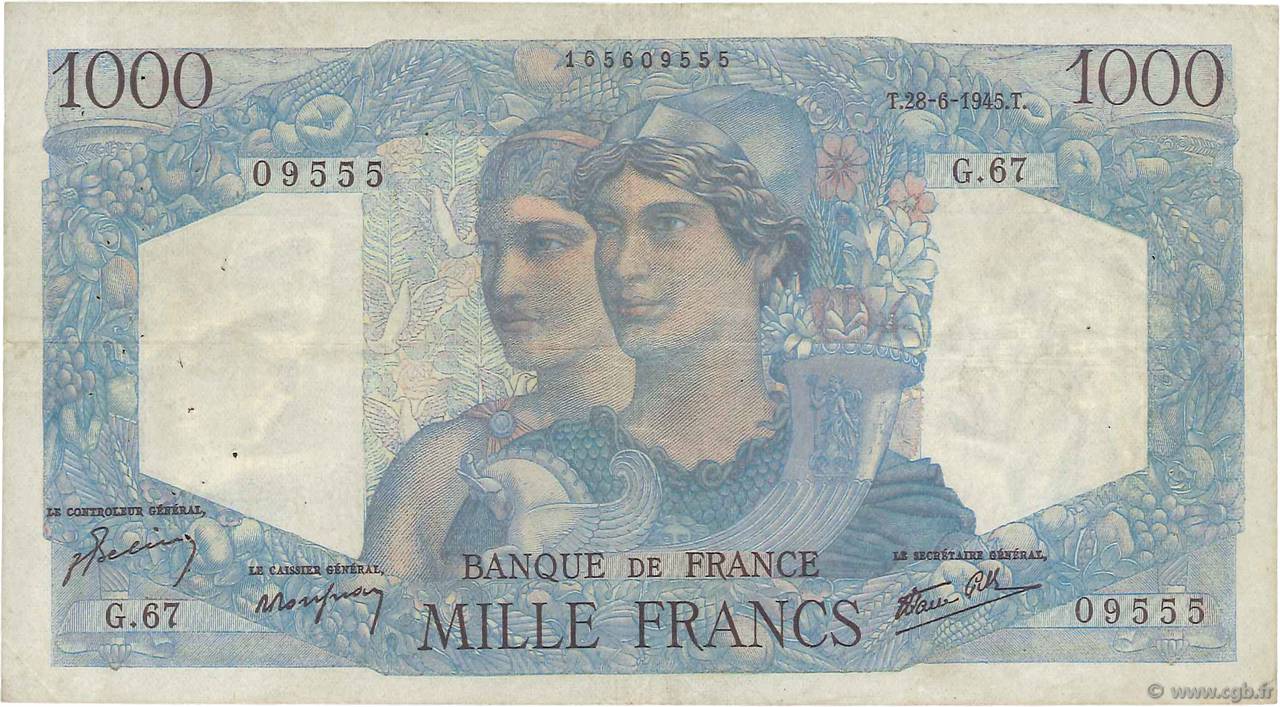 1000 Francs MINERVE ET HERCULE FRANKREICH  1945 F.41.05 S
