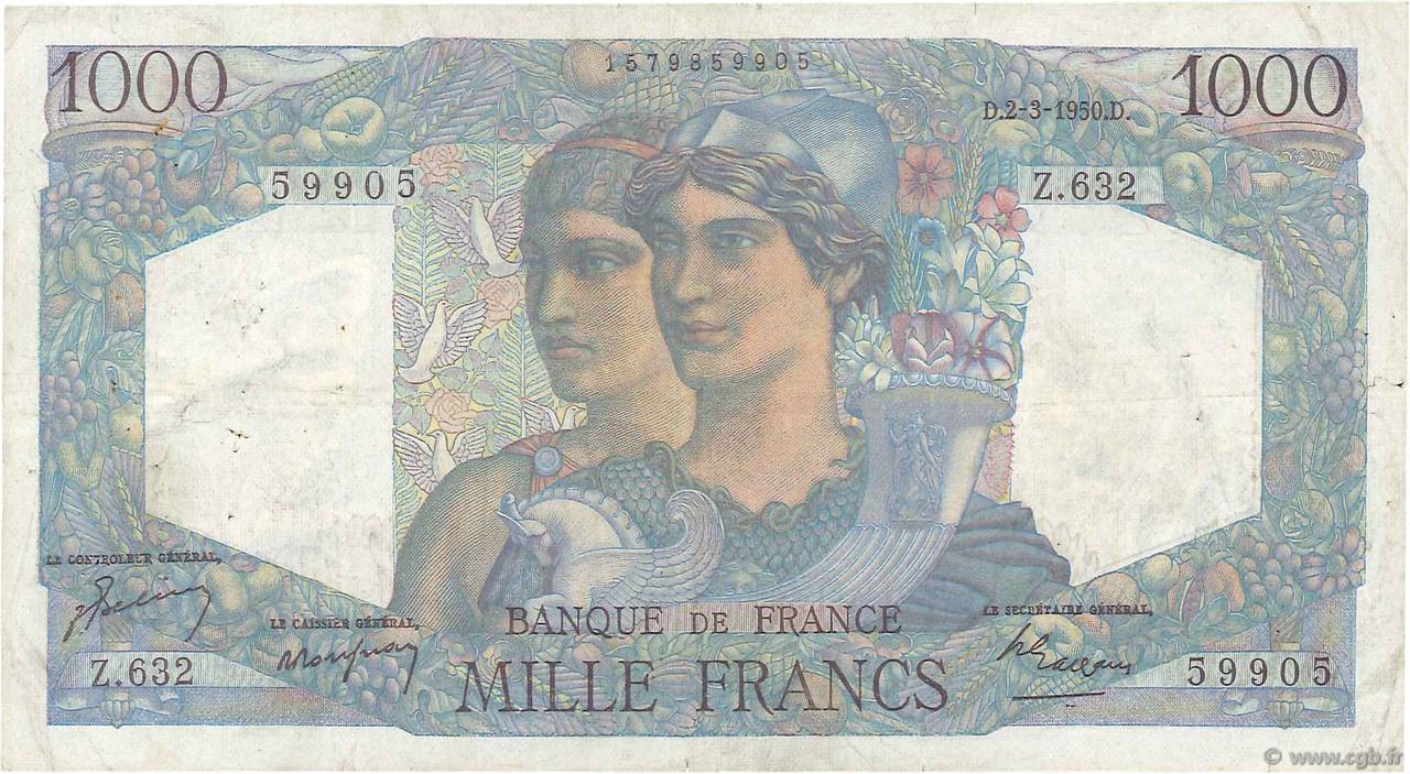 1000 Francs MINERVE ET HERCULE FRANCE  1950 F.41.31 TB
