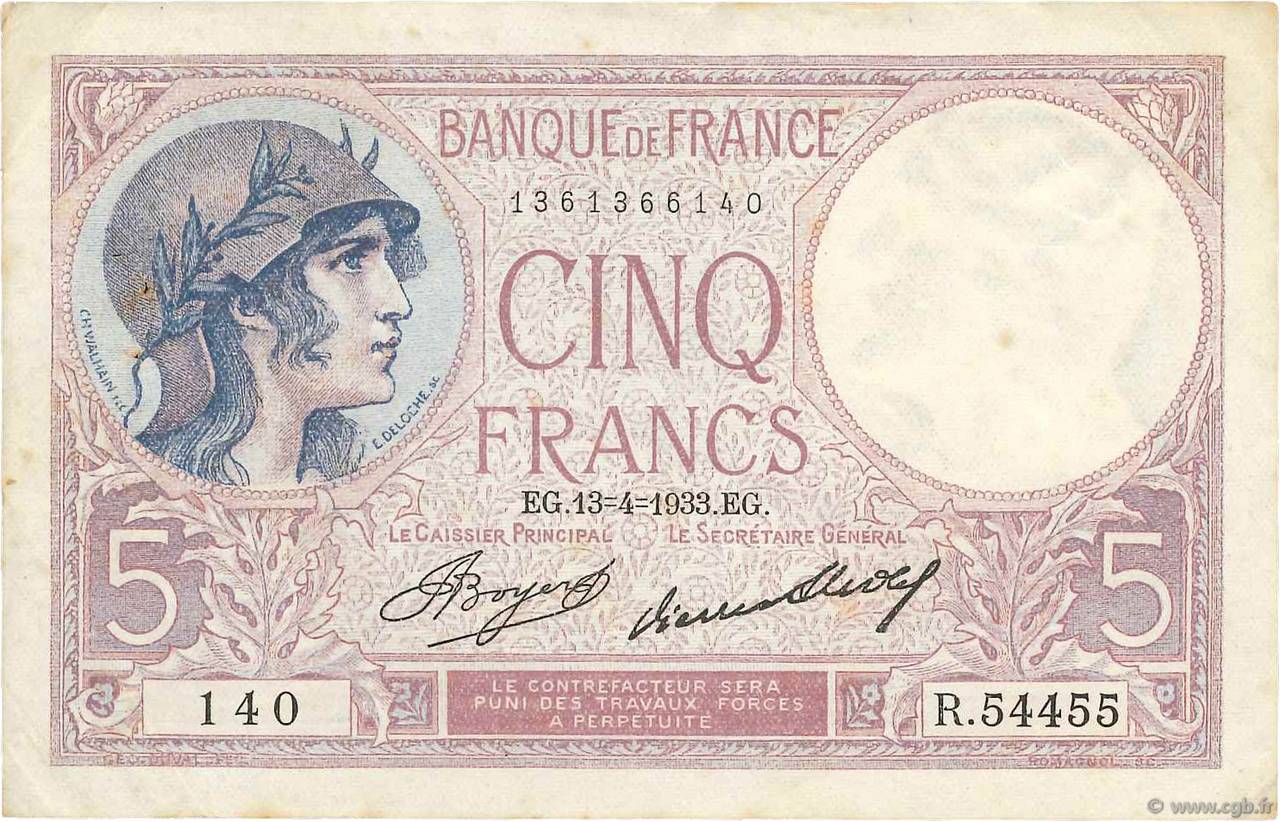 5 Francs FEMME CASQUÉE FRANCE  1933 F.03.17 VF-