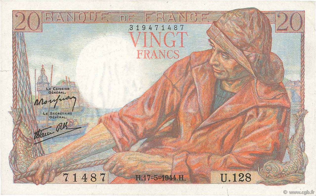 20 Francs PÊCHEUR FRANKREICH  1944 F.13.09 fVZ