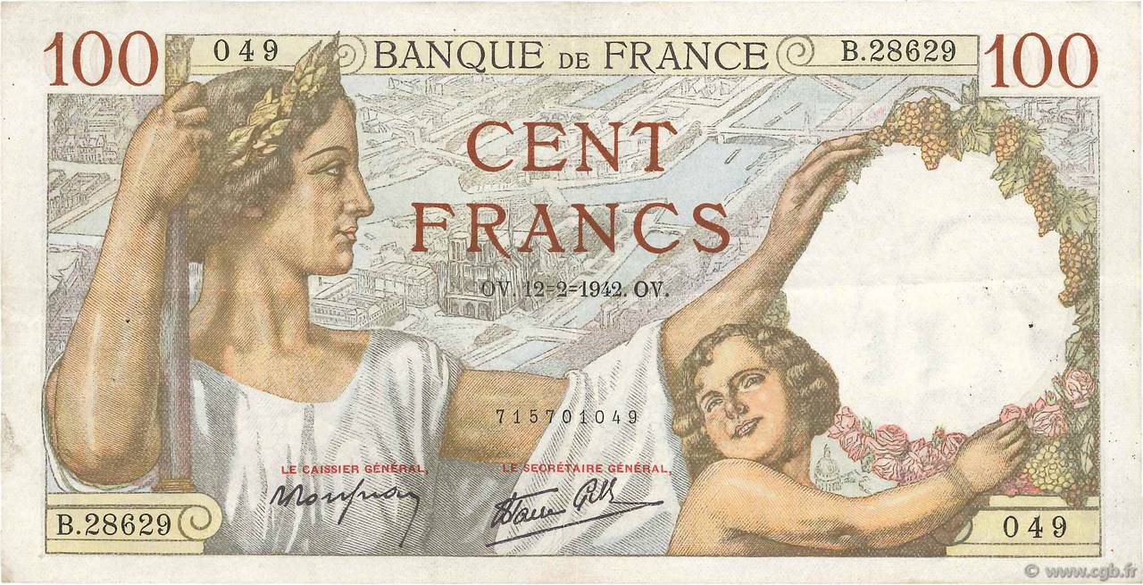100 Francs SULLY FRANKREICH  1942 F.26.66 SS