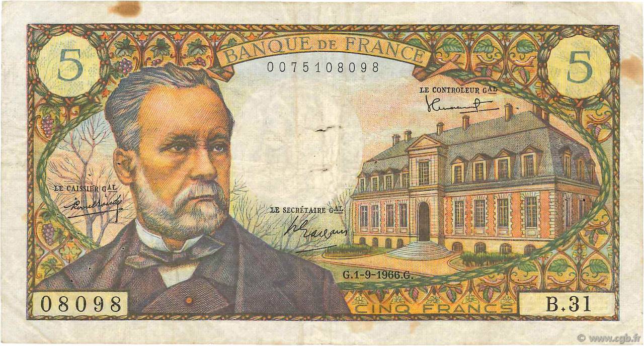 5 Francs PASTEUR FRANCIA  1966 F.61.03 q.MB