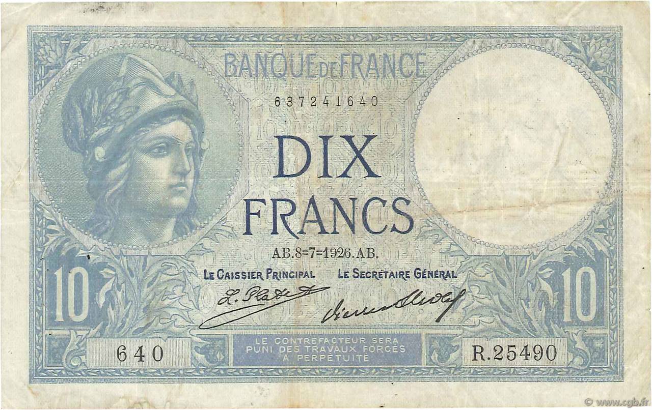 10 Francs MINERVE FRANCIA  1926 F.06.10 MB
