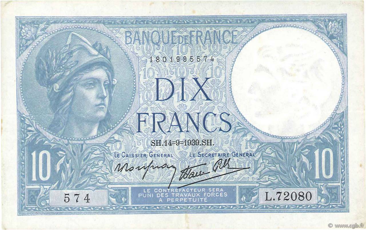 10 Francs MINERVE modifié FRANCIA  1939 F.07.07 q.SPL