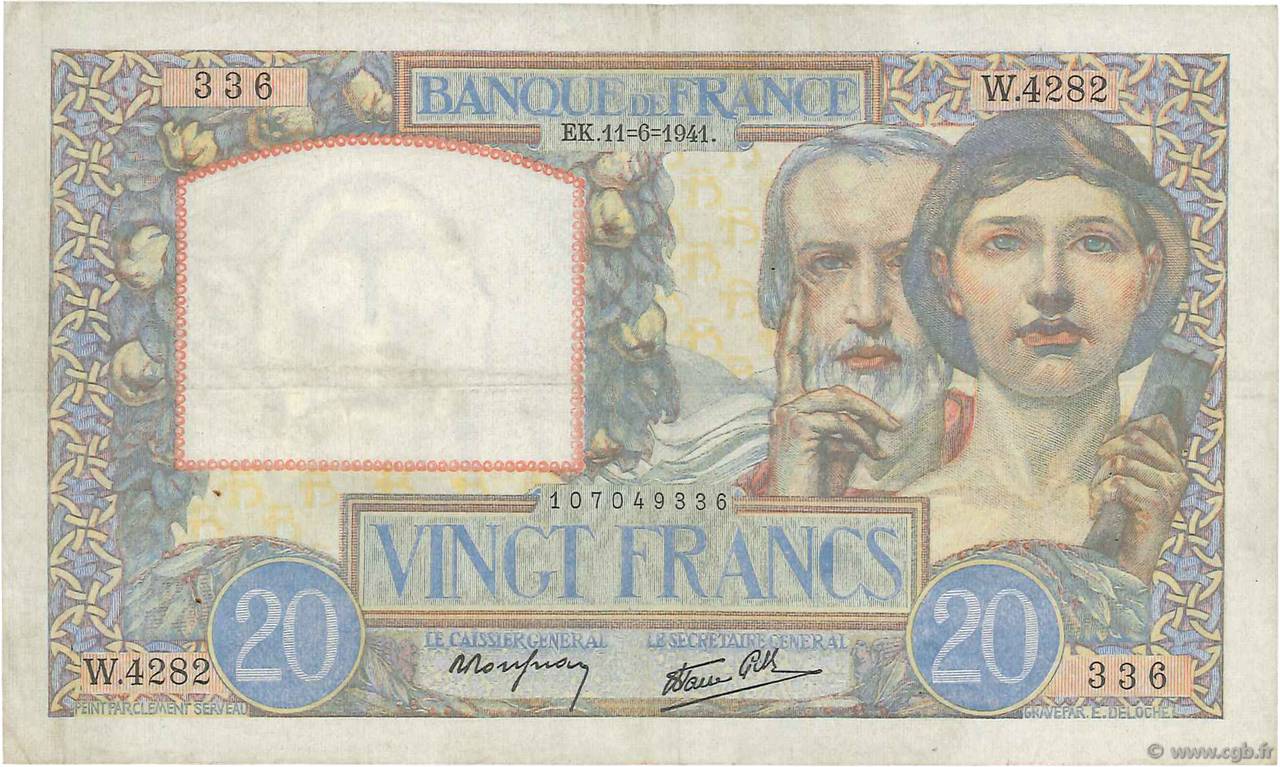 20 Francs TRAVAIL ET SCIENCE FRANCE  1941 F.12.15 VF-