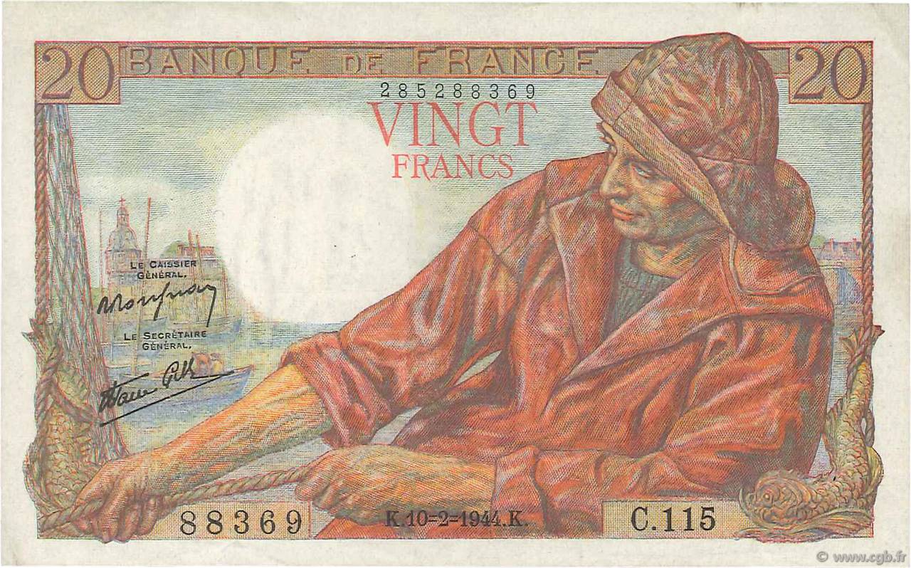 20 Francs PÊCHEUR FRANCIA  1944 F.13.08 BB