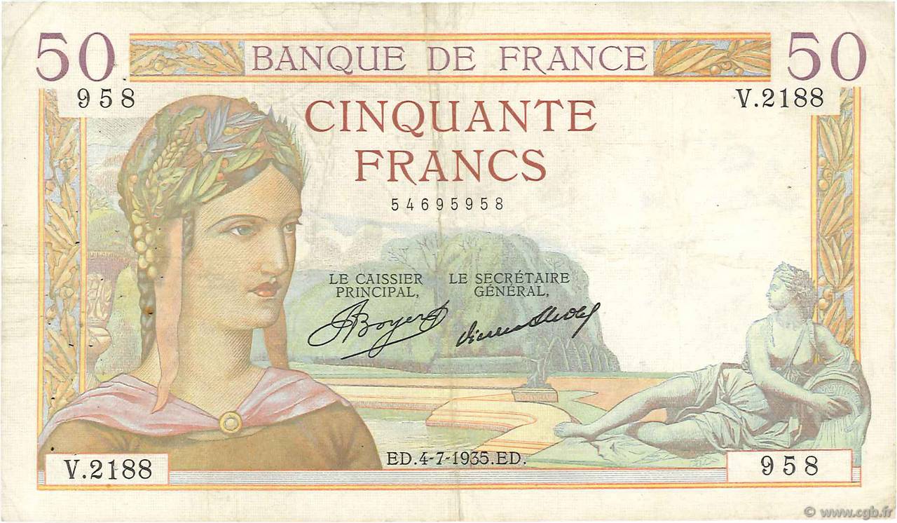50 Francs CÉRÈS FRANCE  1935 F.17.12 VF-