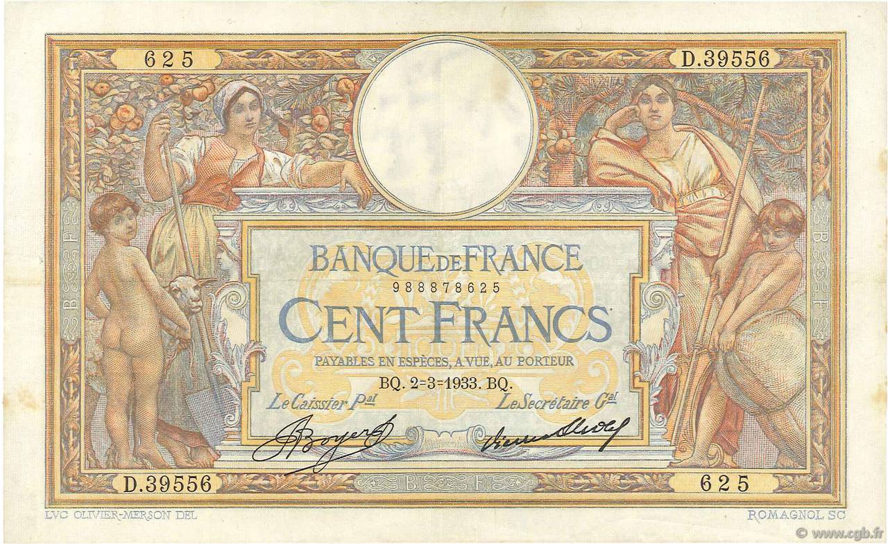 100 Francs LUC OLIVIER MERSON grands cartouches FRANKREICH  1933 F.24.12 SS