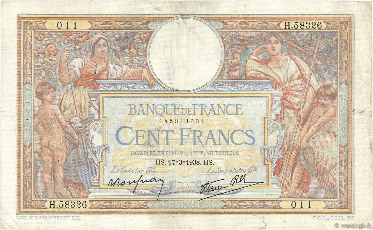 100 Francs LUC OLIVIER MERSON type modifié FRANCE  1938 F.25.13 F