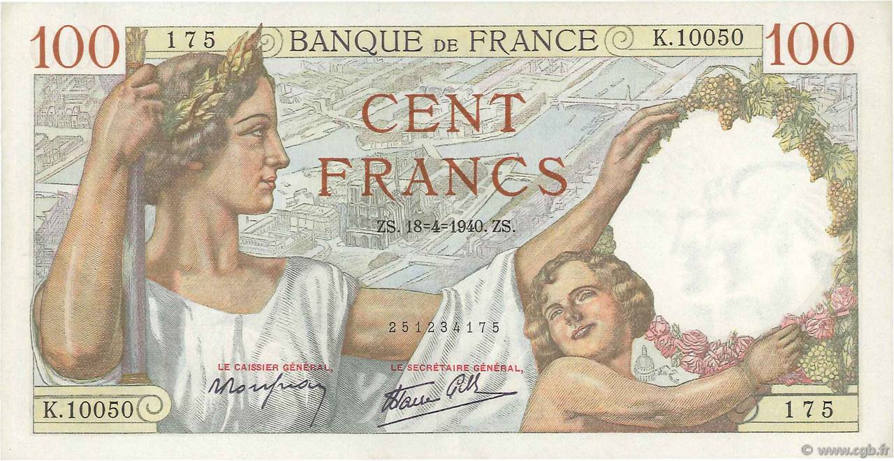 100 Francs SULLY FRANKREICH  1940 F.26.27 VZ