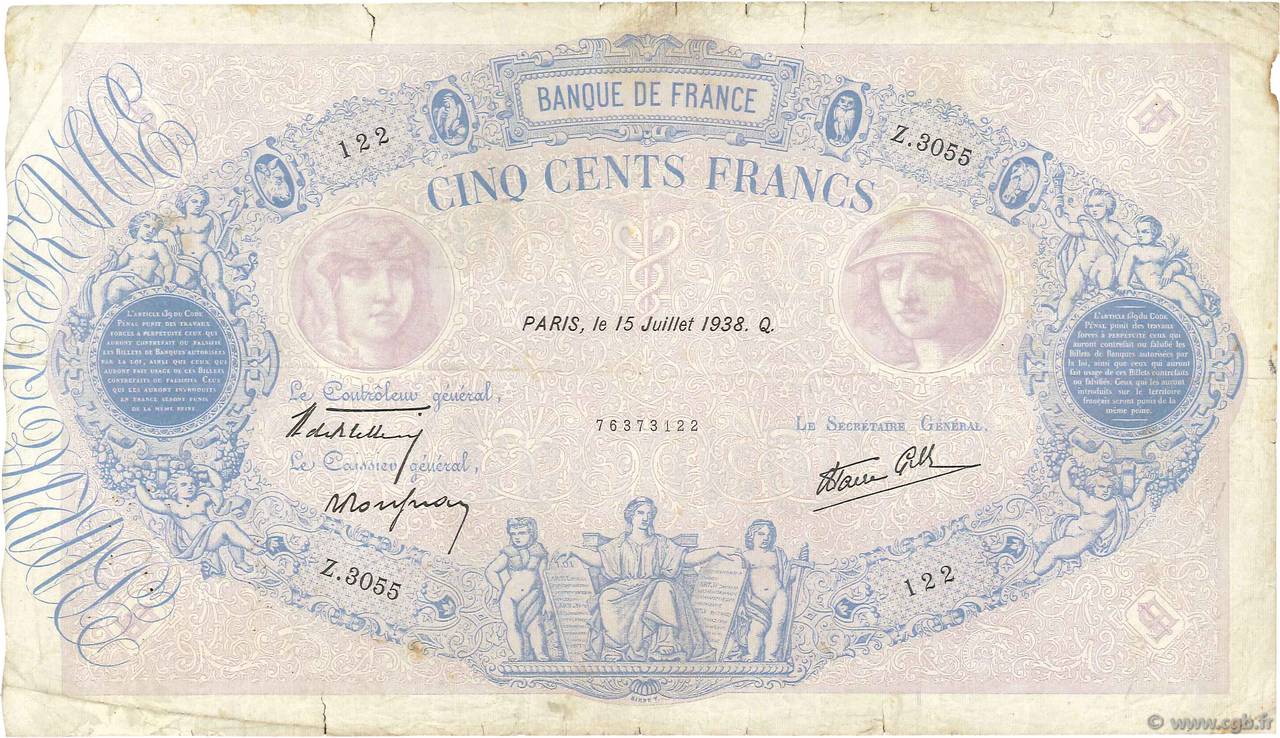 500 Francs BLEU ET ROSE modifié FRANCIA  1938 F.31.18 MB