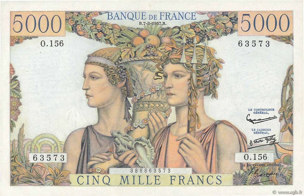 5000 Francs TERRE ET MER FRANCIA  1957 F.48.13 MBC+