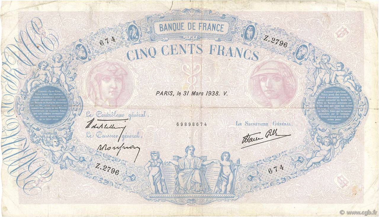 500 Francs BLEU ET ROSE modifié FRANCIA  1938 F.31.07 BC