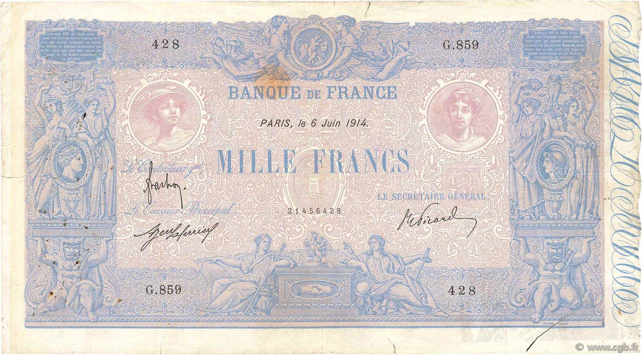 1000 Francs BLEU ET ROSE FRANCIA  1914 F.36.28 RC+