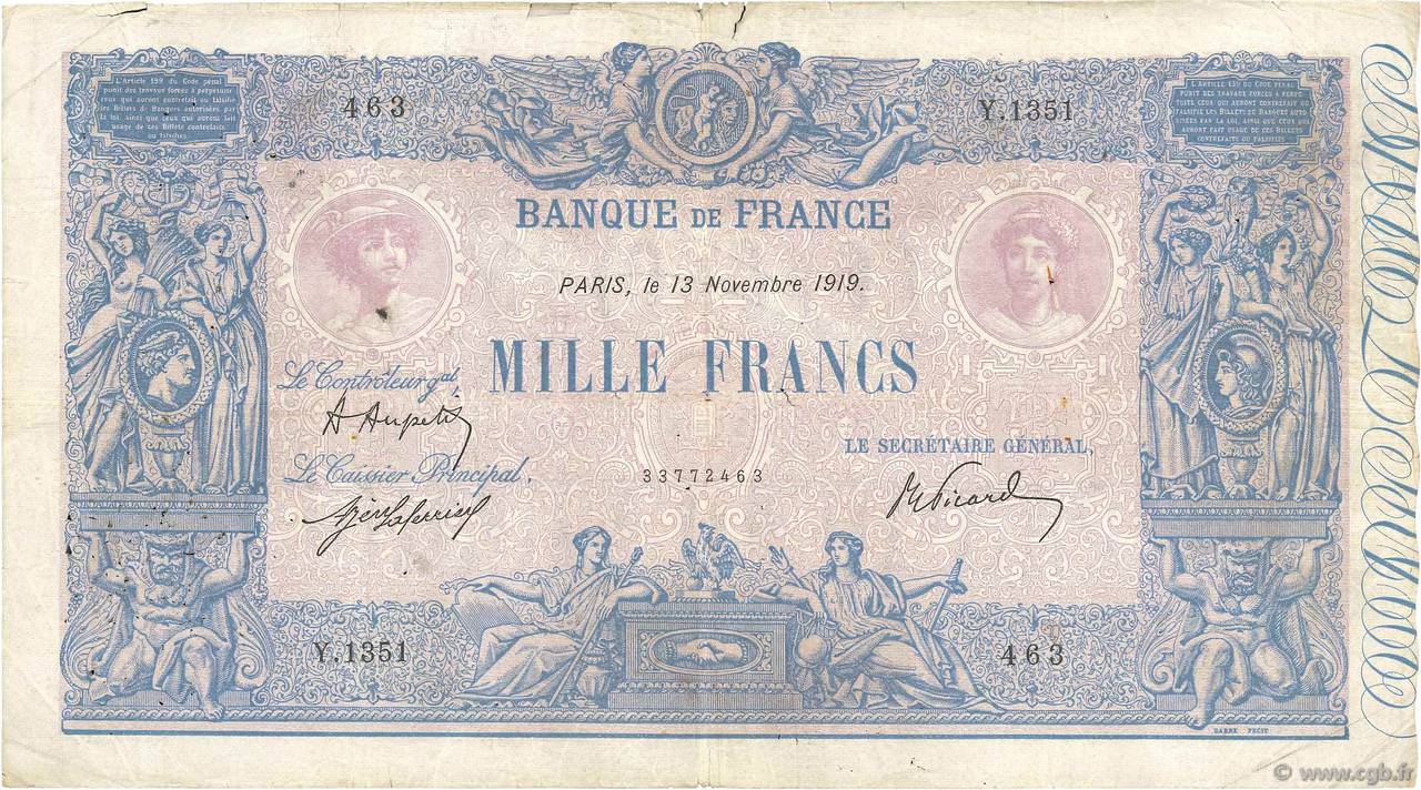 1000 Francs BLEU ET ROSE FRANKREICH  1919 F.36.34 S