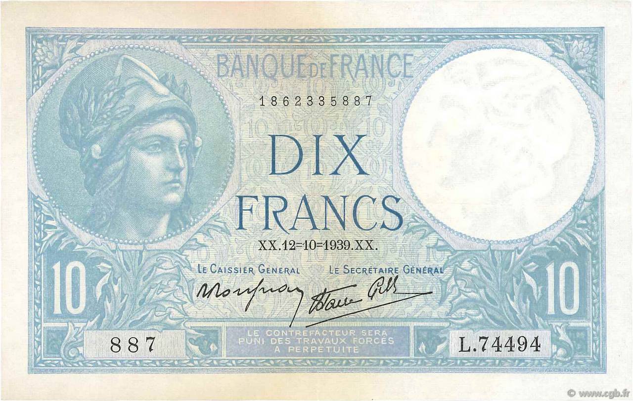 10 Francs MINERVE modifié FRANCE  1939 F.07.11 TTB