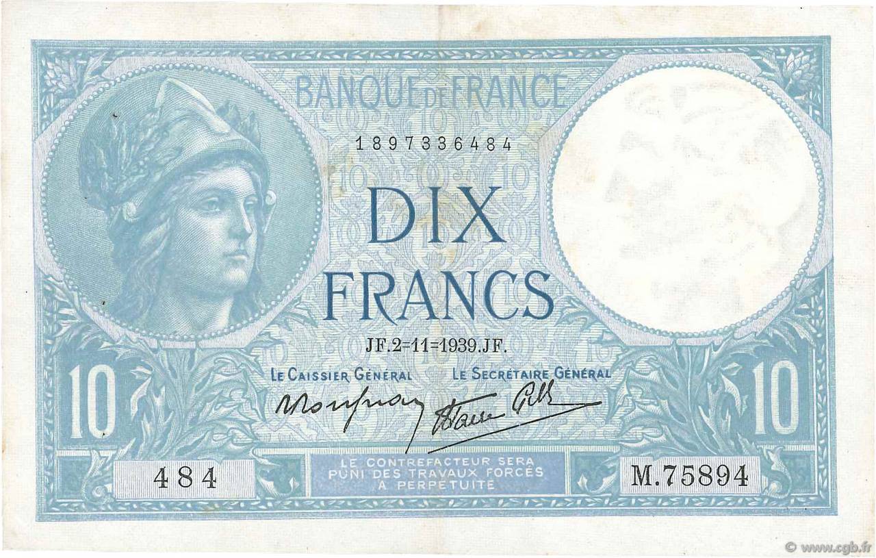 10 Francs MINERVE modifié FRANCIA  1939 F.07.14 MBC+