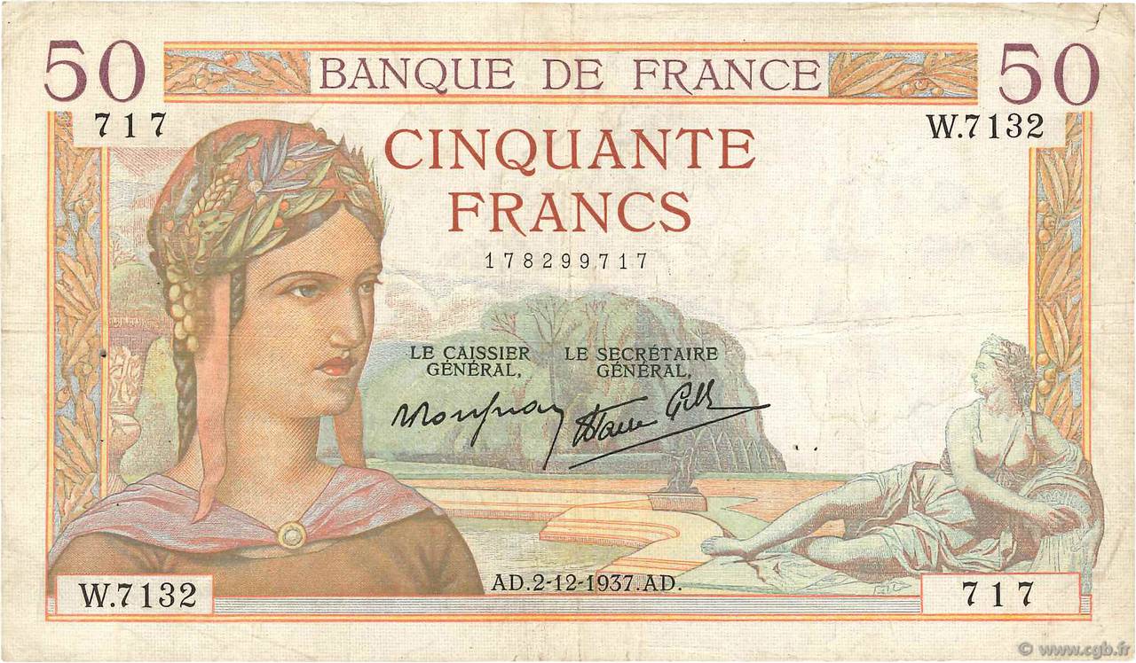 50 Francs CÉRÈS modifié FRANKREICH  1937 F.18.05 fSS