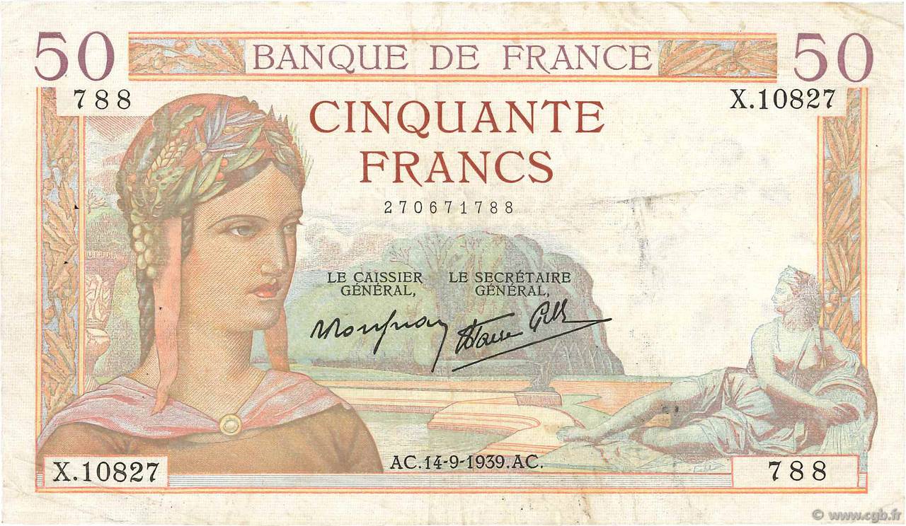 50 Francs CÉRÈS modifié FRANCE  1939 F.18.30 VF-