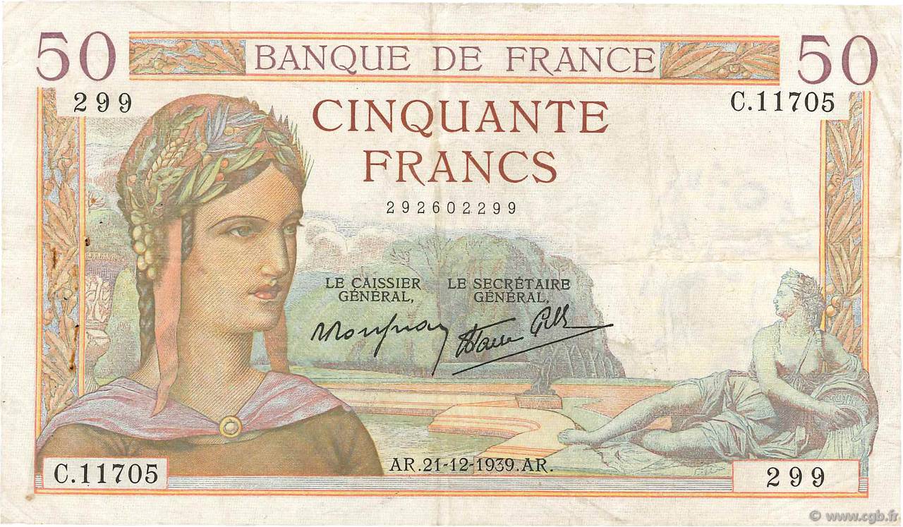 50 Francs CÉRÈS modifié FRANCE  1939 F.18.36 pr.TTB