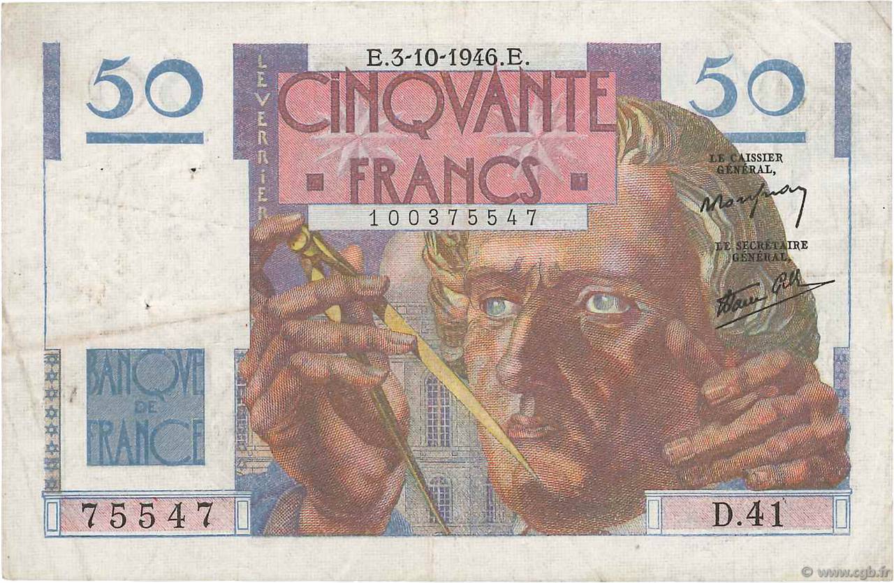 50 Francs LE VERRIER FRANCIA  1946 F.20.06 q.BB