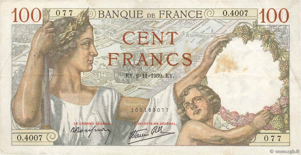 100 Francs SULLY FRANCIA  1939 F.26.13 q.BB