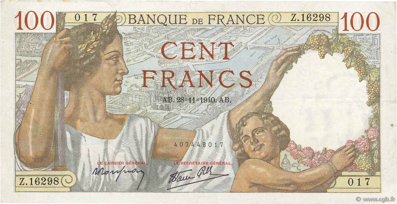 100 Francs SULLY FRANCIA  1940 F.26.41 q.BB