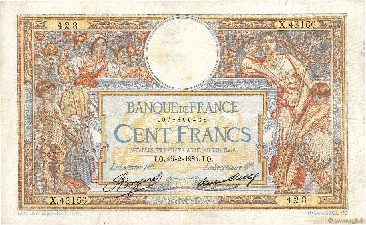 100 Francs LUC OLIVIER MERSON grands cartouches FRANKREICH  1934 F.24.13 fSS