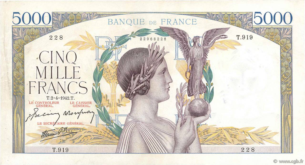5000 Francs VICTOIRE Impression à plat FRANCIA  1942 F.46.36 BB