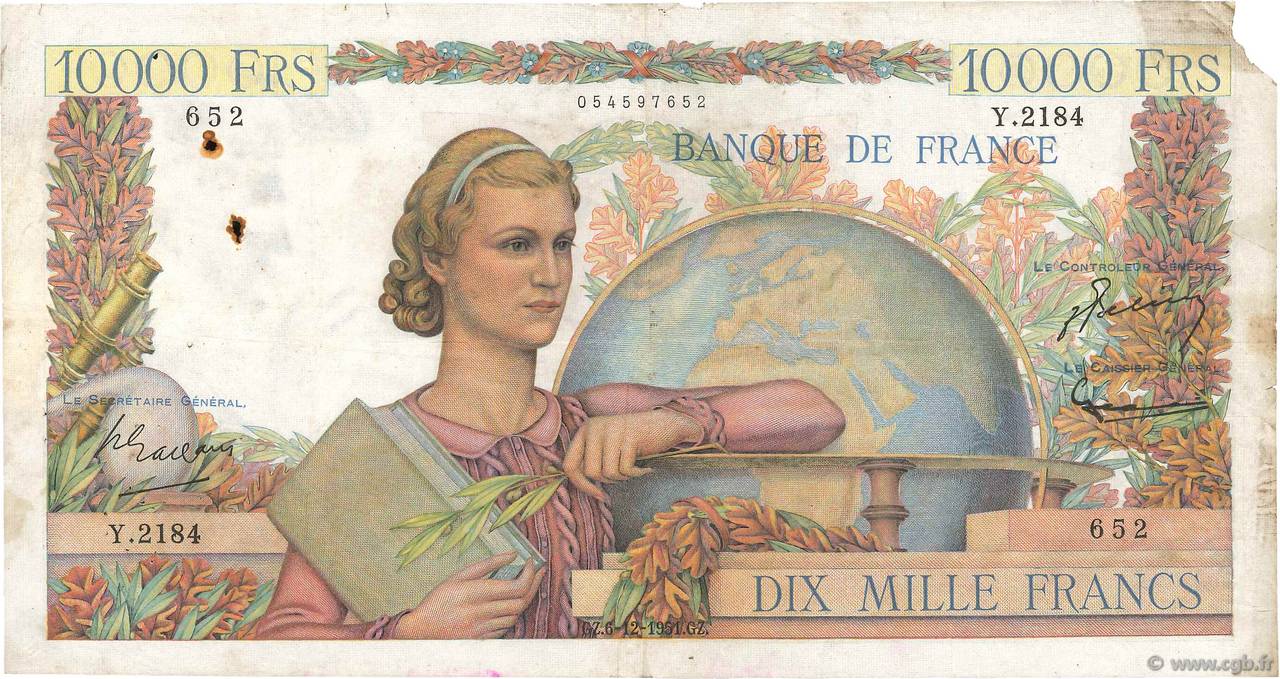 10000 Francs GÉNIE FRANÇAIS FRANCIA  1951 F.50.55 RC+