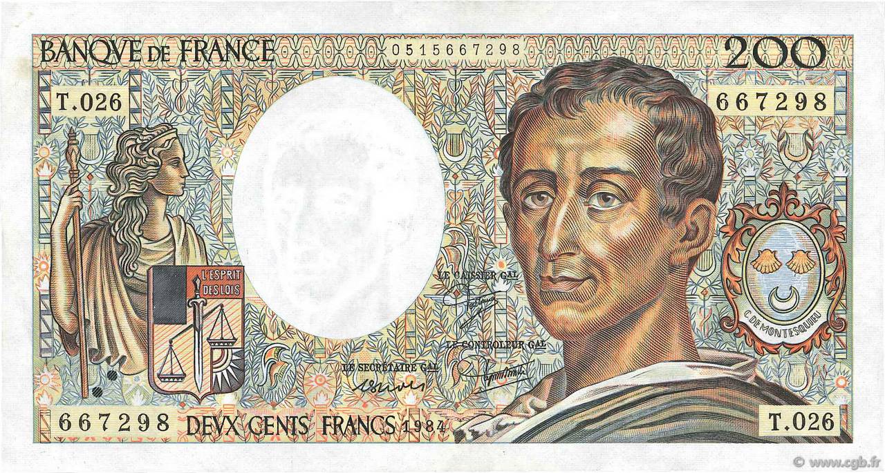 200 Francs MONTESQUIEU FRANKREICH  1984 F.70.04 VZ