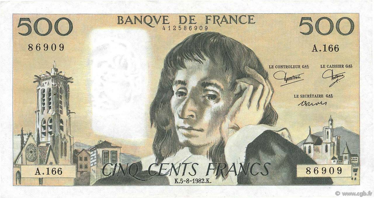 500 Francs PASCAL FRANCE  1982 F.71.27 VF+