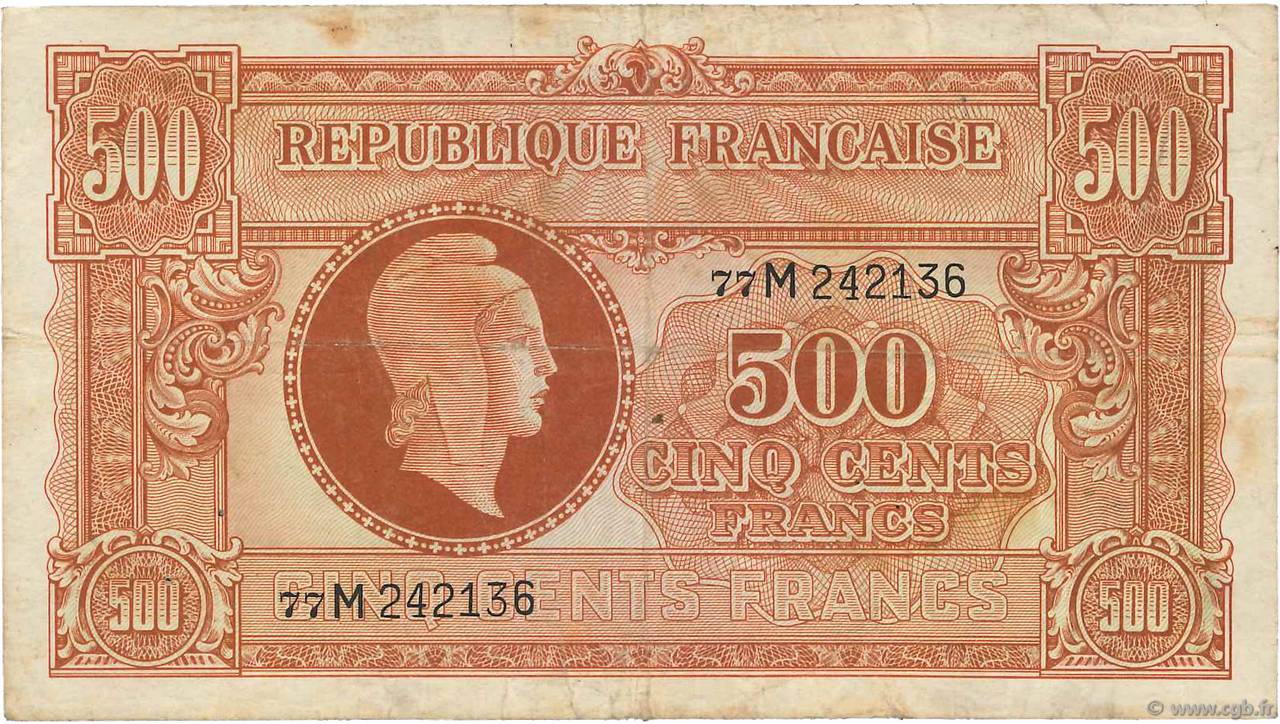 500 Francs MARIANNE fabrication anglaise FRANCIA  1945 VF.11.02 MB