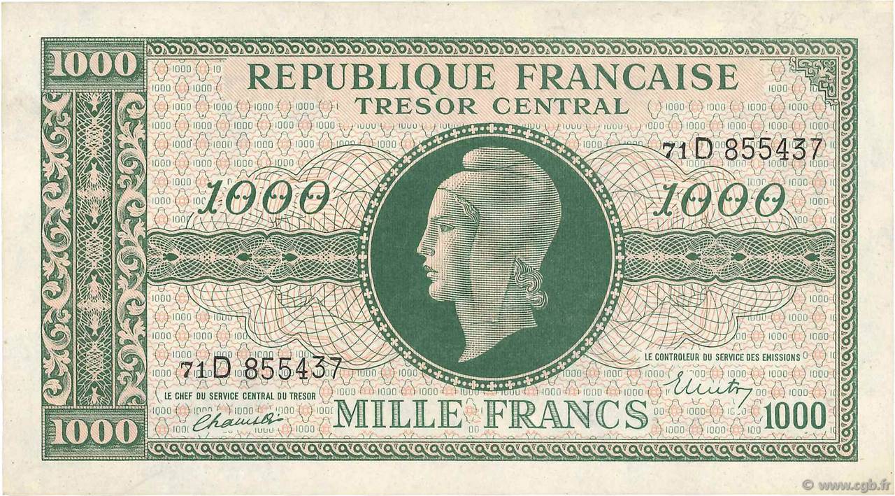 1000 Francs MARIANNE THOMAS DE LA RUE FRANCE  1945 VF.13.01 XF+
