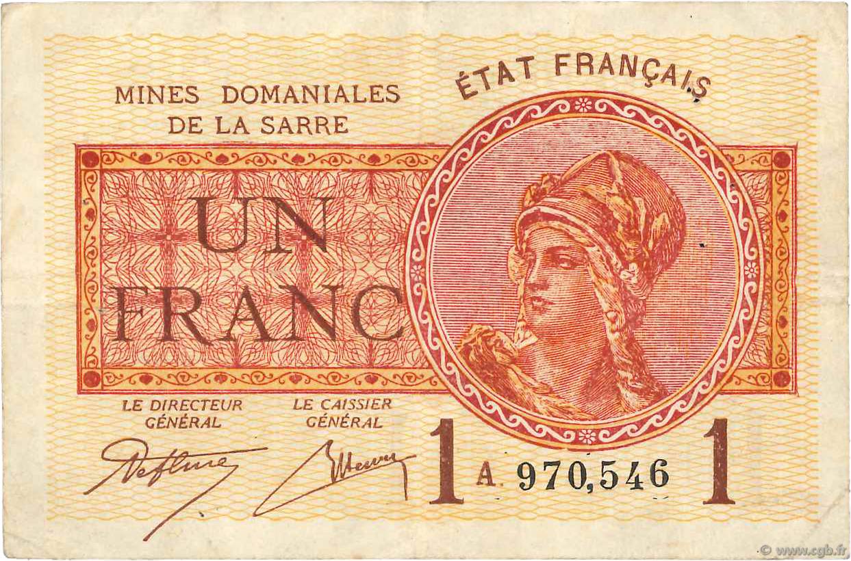 1 Franc MINES DOMANIALES DE LA SARRE FRANCE  1920 VF.51.01 F