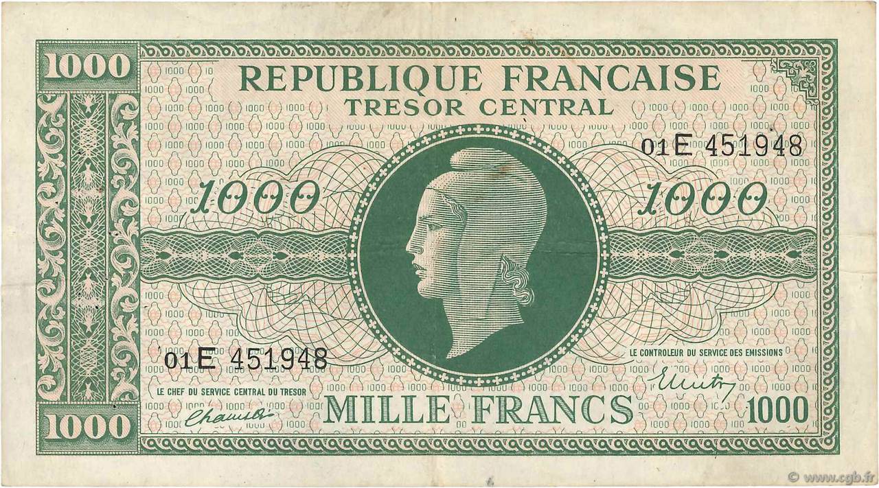 1000 Francs MARIANNE THOMAS DE LA RUE FRANCIA  1945 VF.13.02 BC