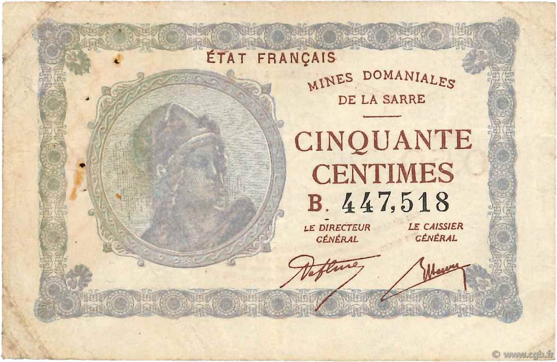 50 Centimes MINES DOMANIALES DE LA SARRE FRANCIA  1920 VF.50.02 MB