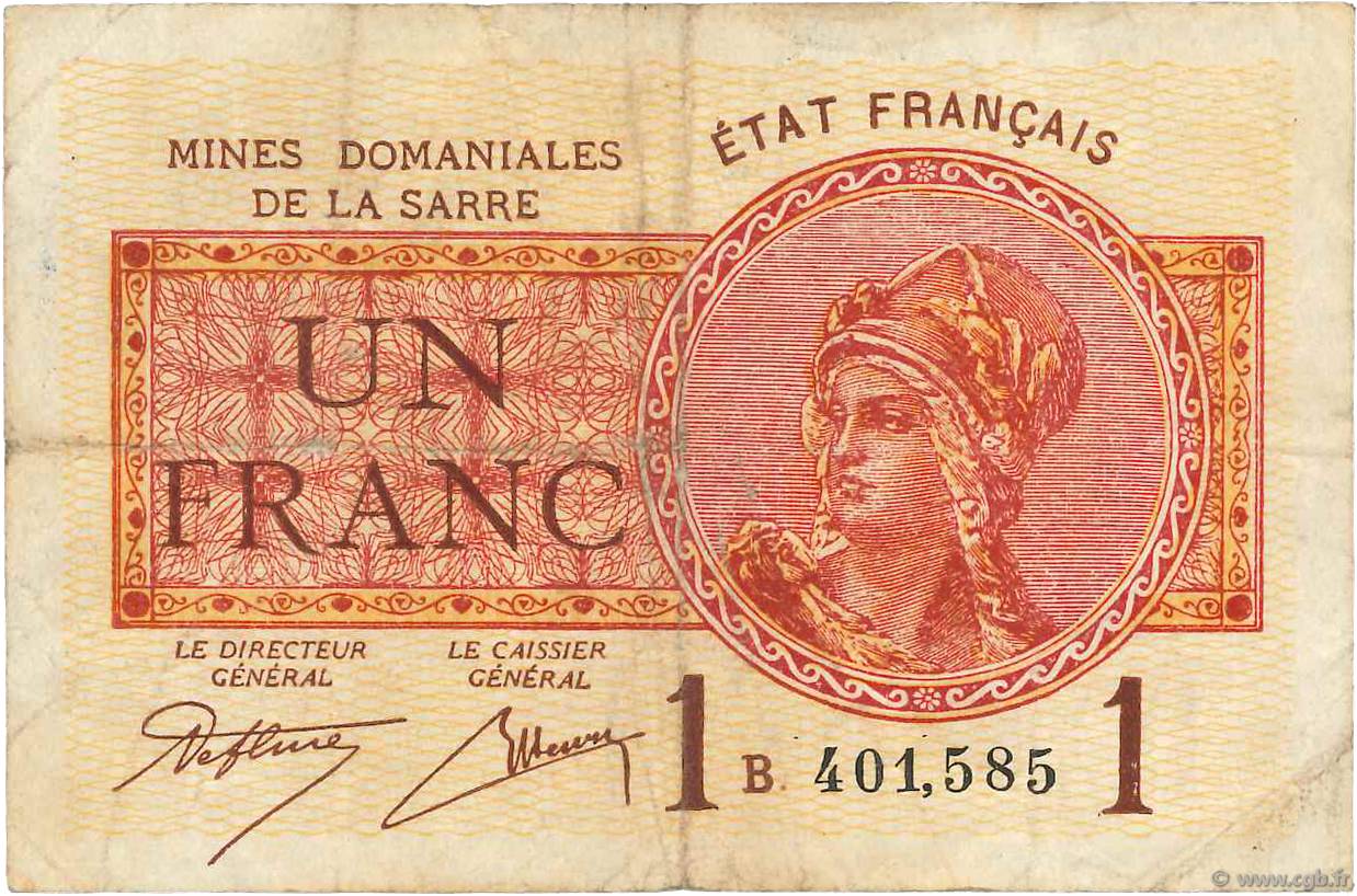 1 Franc MINES DOMANIALES DE LA SARRE FRANCIA  1920 VF.51.02 MB