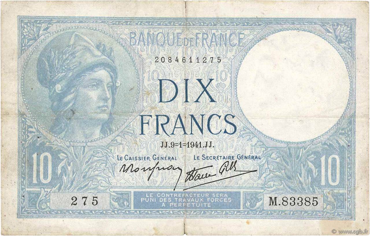 10 Francs MINERVE modifié FRANCE  1941 F.07.27 F-