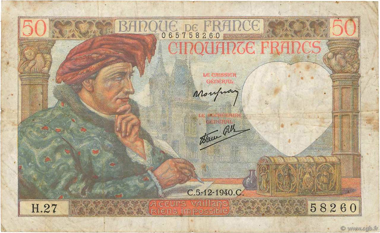 50 Francs JACQUES CŒUR FRANKREICH  1940 F.19.04 fS