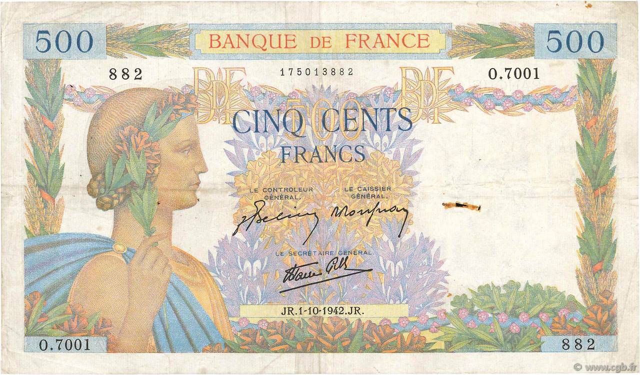 500 Francs LA PAIX FRANCIA  1942 F.32.41 BC