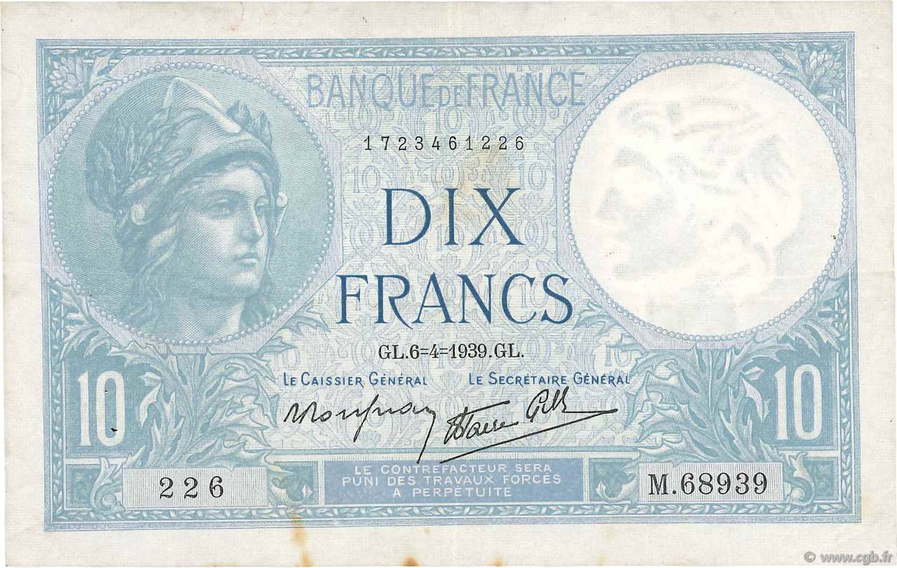 10 Francs MINERVE modifié FRANCIA  1939 F.07.02 BB
