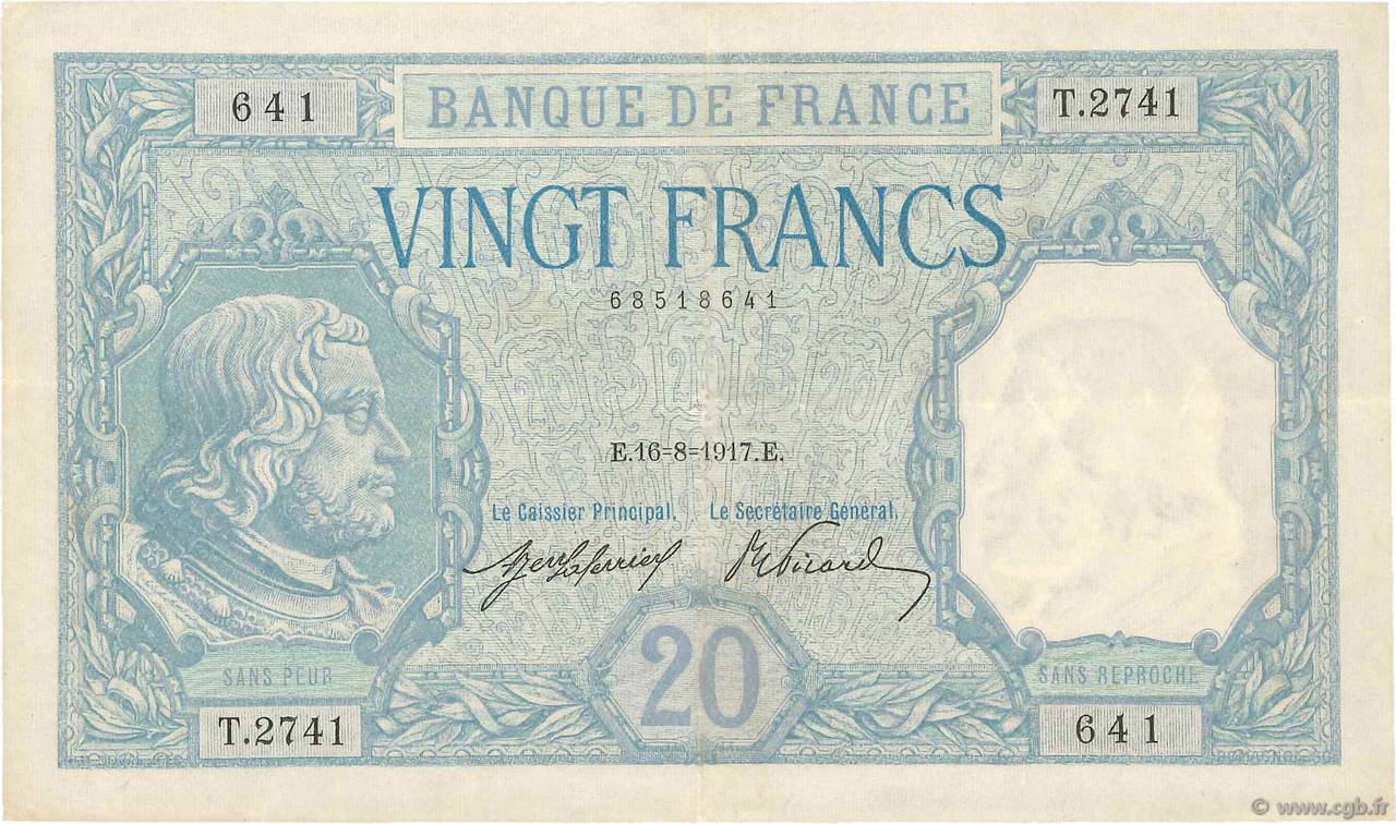 20 Francs BAYARD FRANCE  1917 F.11.02 XF-