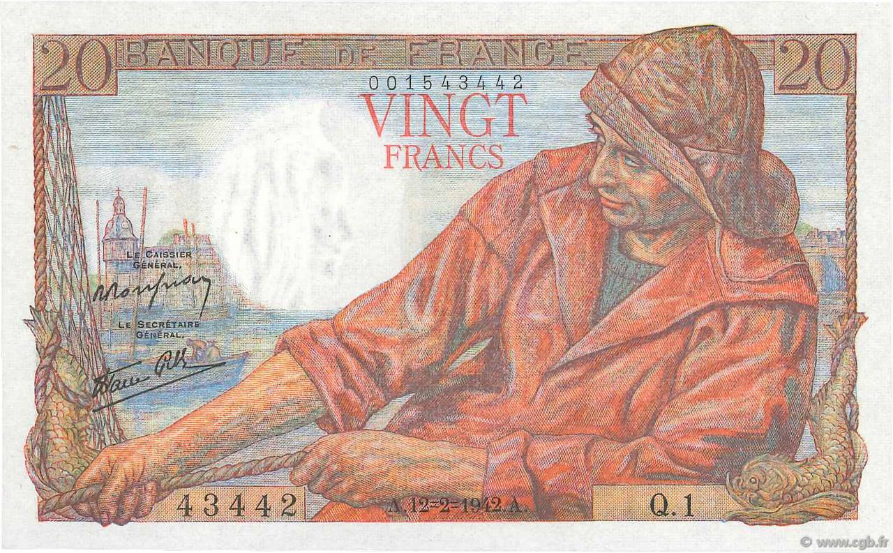 20 Francs PÊCHEUR FRANCE  1942 F.13.01 UNC