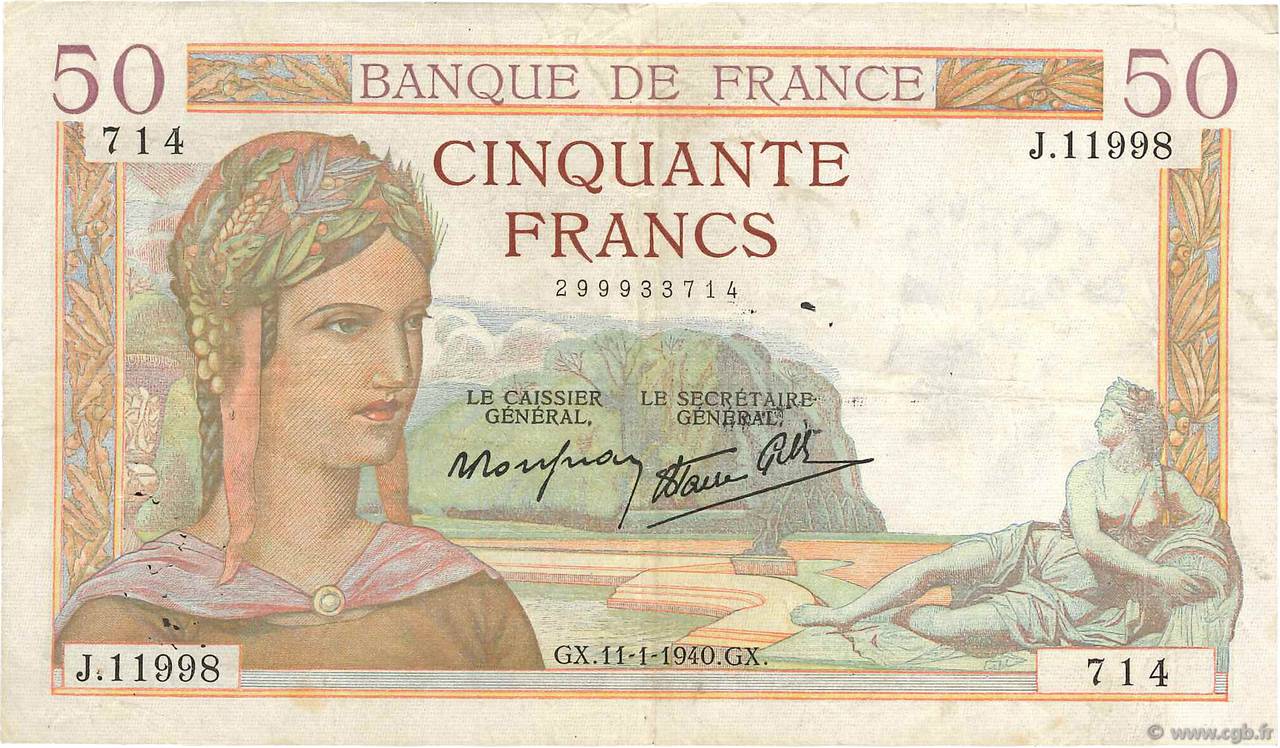 50 Francs CÉRÈS modifié FRANCE  1940 F.18.37 F+