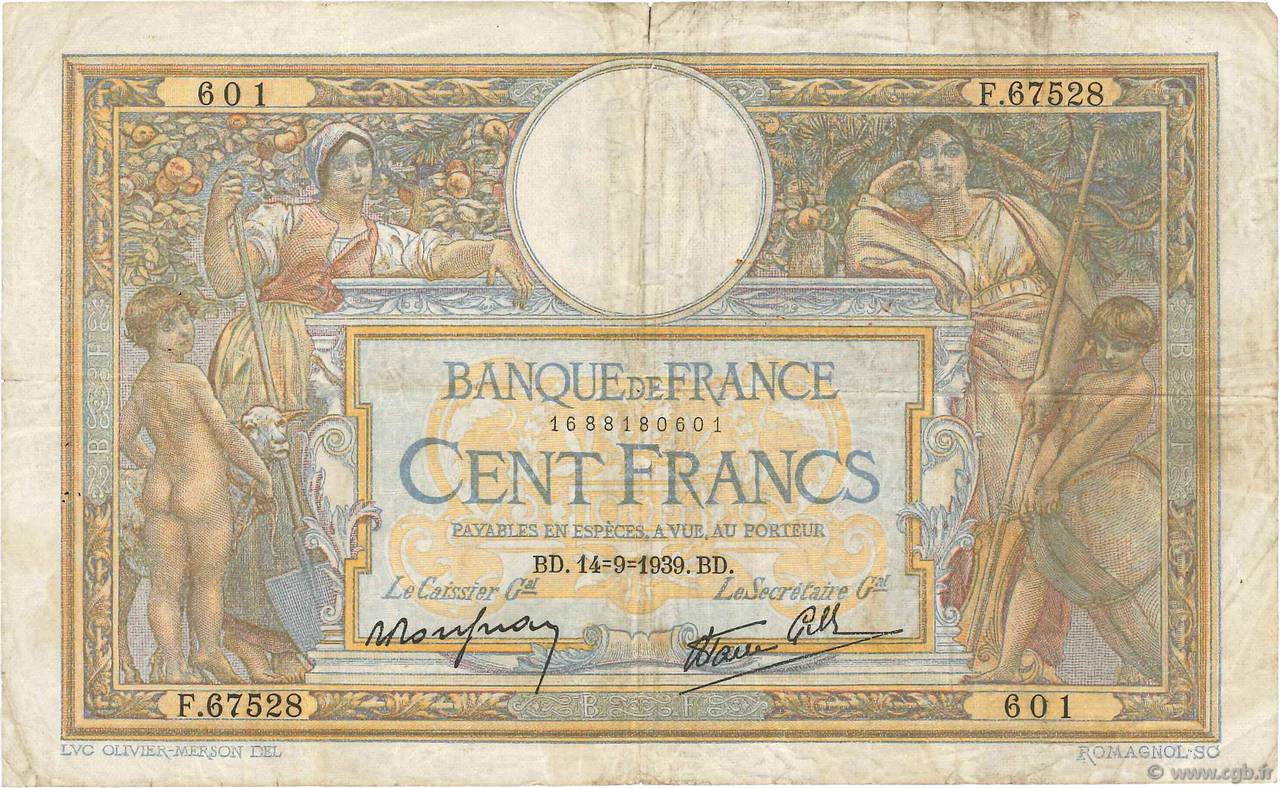 100 Francs LUC OLIVIER MERSON type modifié FRANKREICH  1939 F.25.49 S